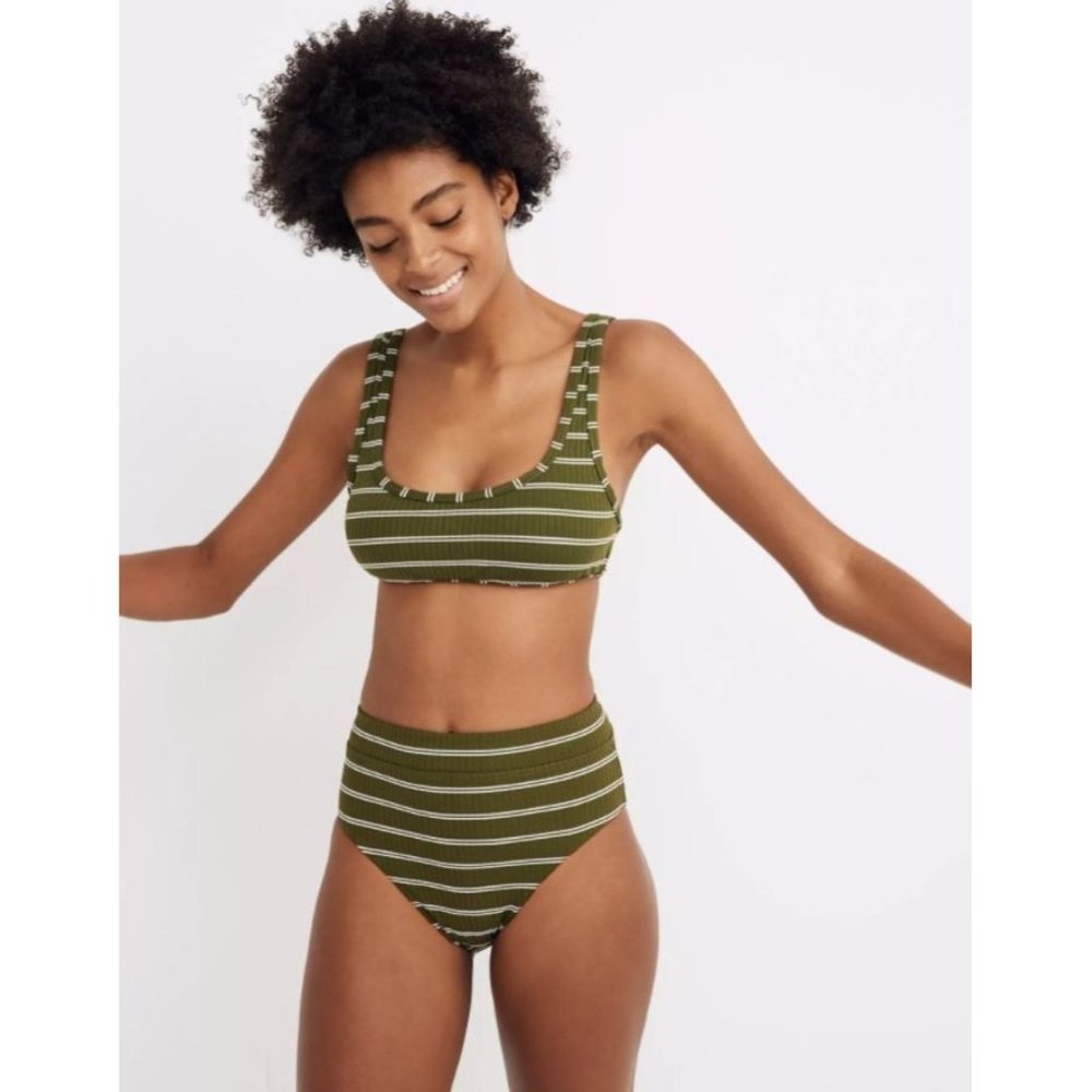 NWT Madewell Ribbed High-Cut Bikini Bottom in Stripe XXS Olive Green